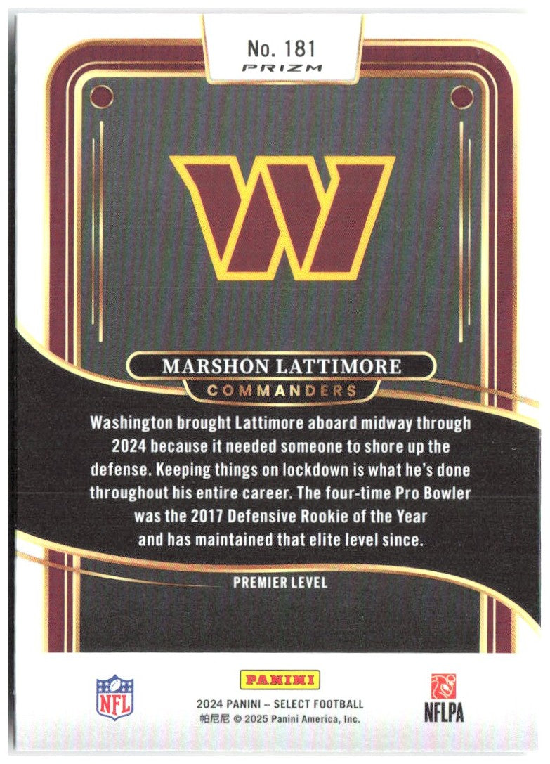 Marshon Lattimore Select Red & Yellow Prizm Shock 181 2024 Washington Commanders