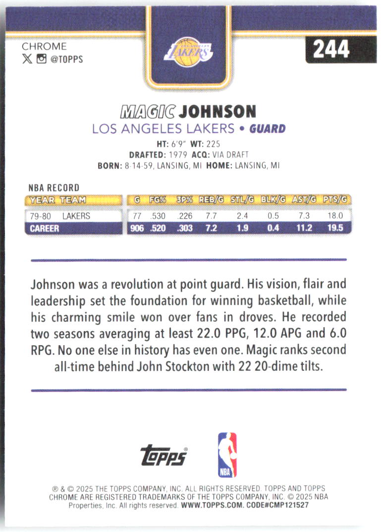 Magic Johnson Topps Chrome 244 2025-26 Los Angeles Lakers