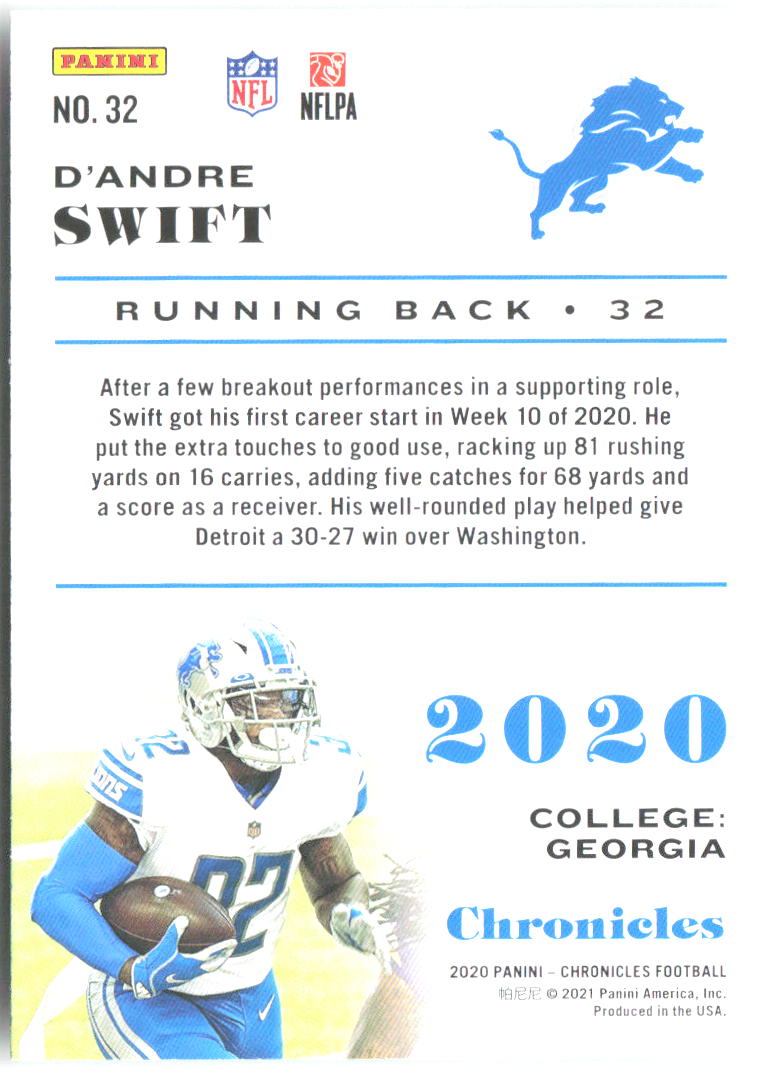 D'Andre Swift Panini Chronicles - Teal 32 2020 Detroit Lions