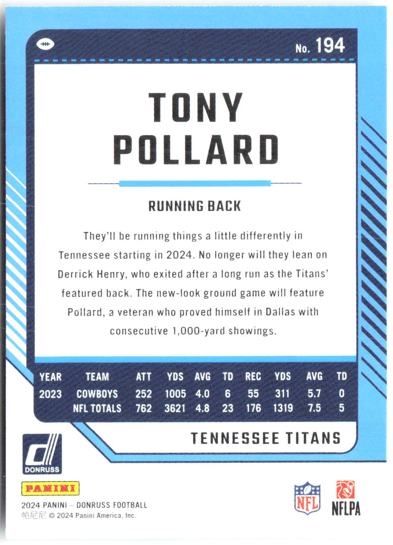 Tony Pollard Donruss 194 2024 Tennessee Titans