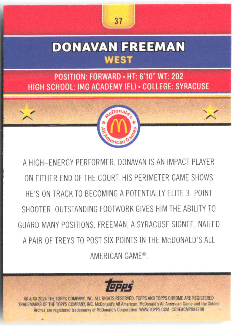 Donnie Freeman Topps Chrome McDonald's All-American 37 2024