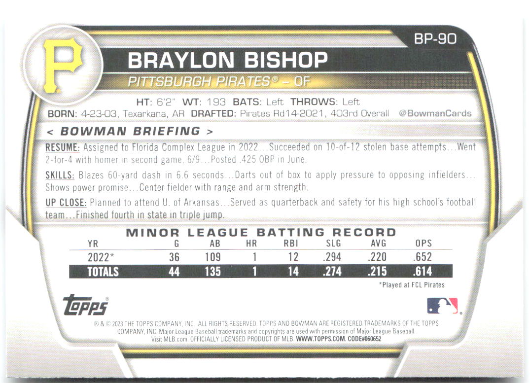 Braylon Bishop Bowman - Prospects BP-90 2023 Pittsburgh Pirates