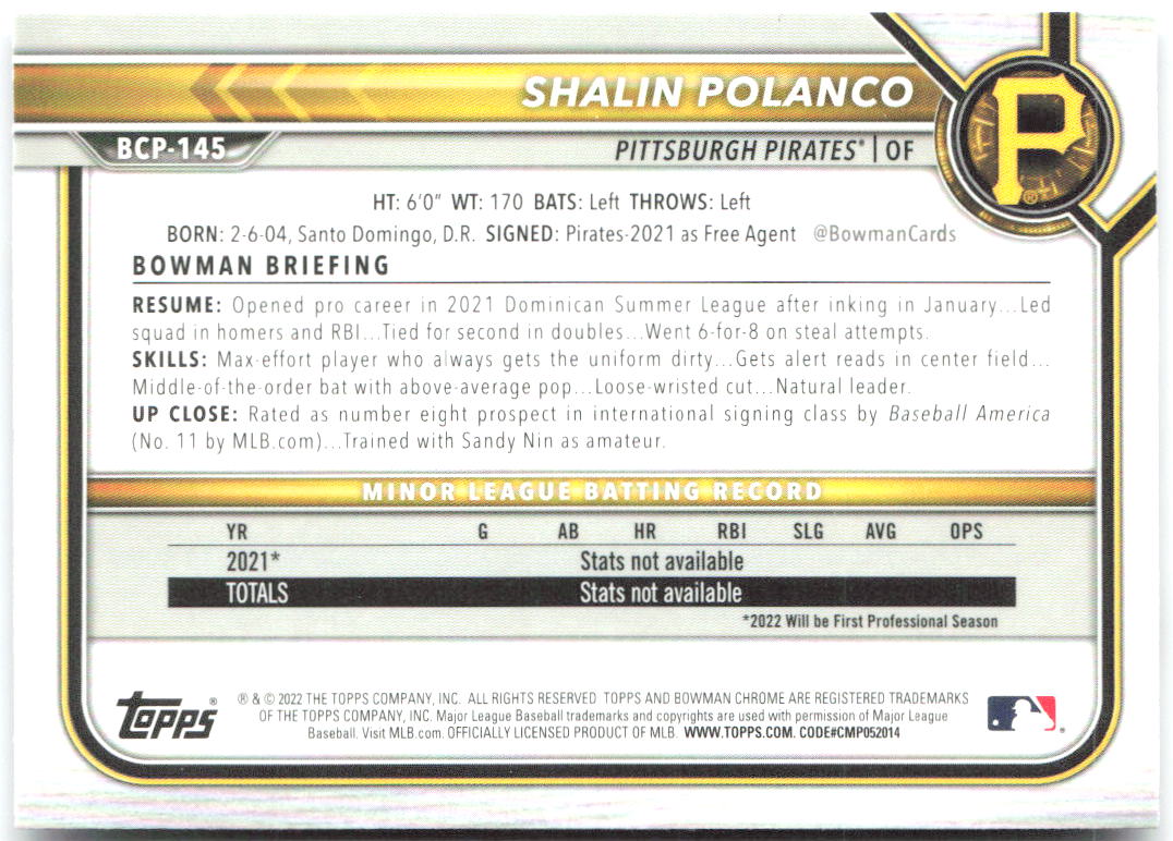 Shalin Polanco Bowman - Chrome Prospects Mojo Refractors BCP-145 2022 Pirates