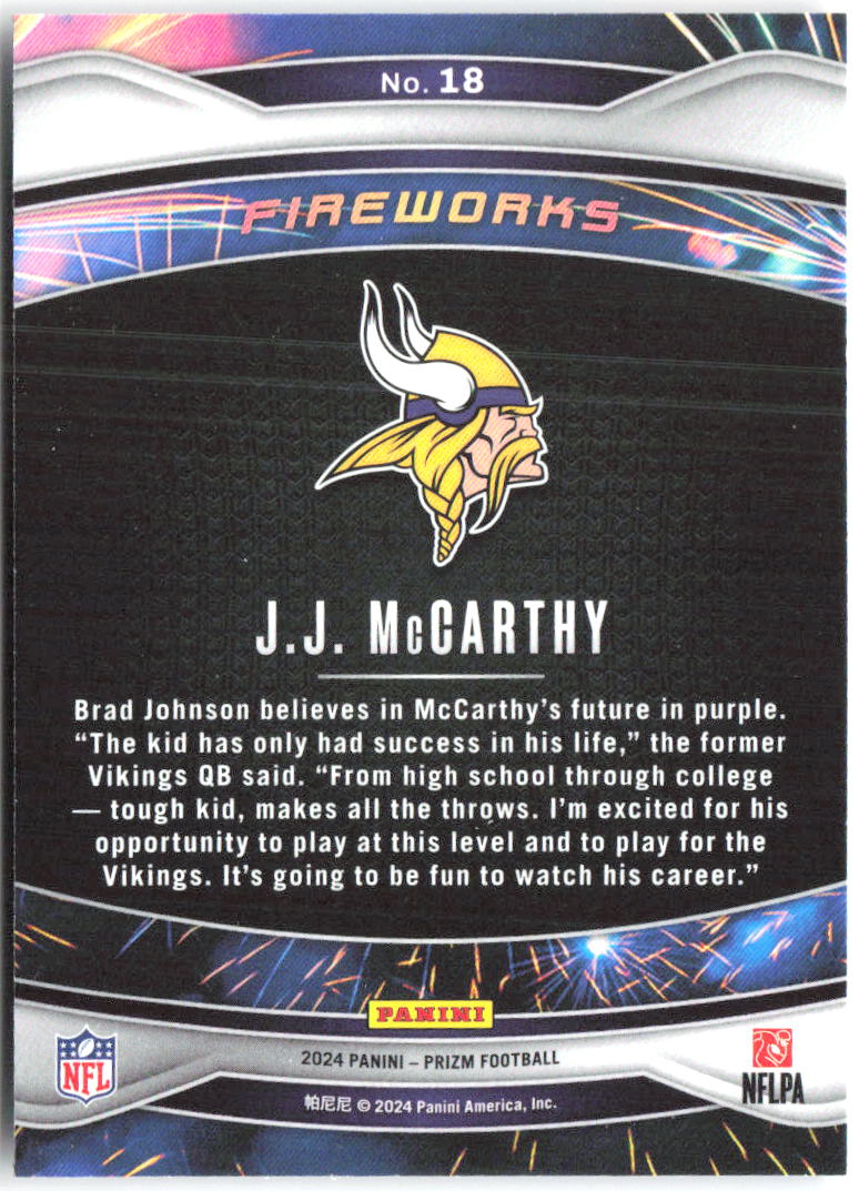 J.J. McCarthy Panini Prizm - Fireworks 18 2024 Minnesota Vikings