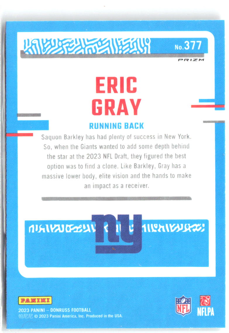 Eric Gray Donruss Optic Rated Rookie Red & Green Prizm 377 2023 New York Giants