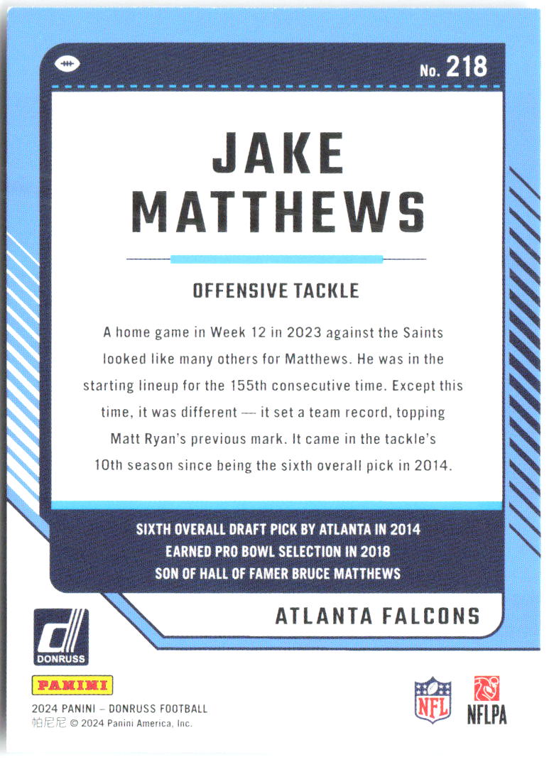 Jake Matthews Donruss 218 2024 Atlanta Falcons