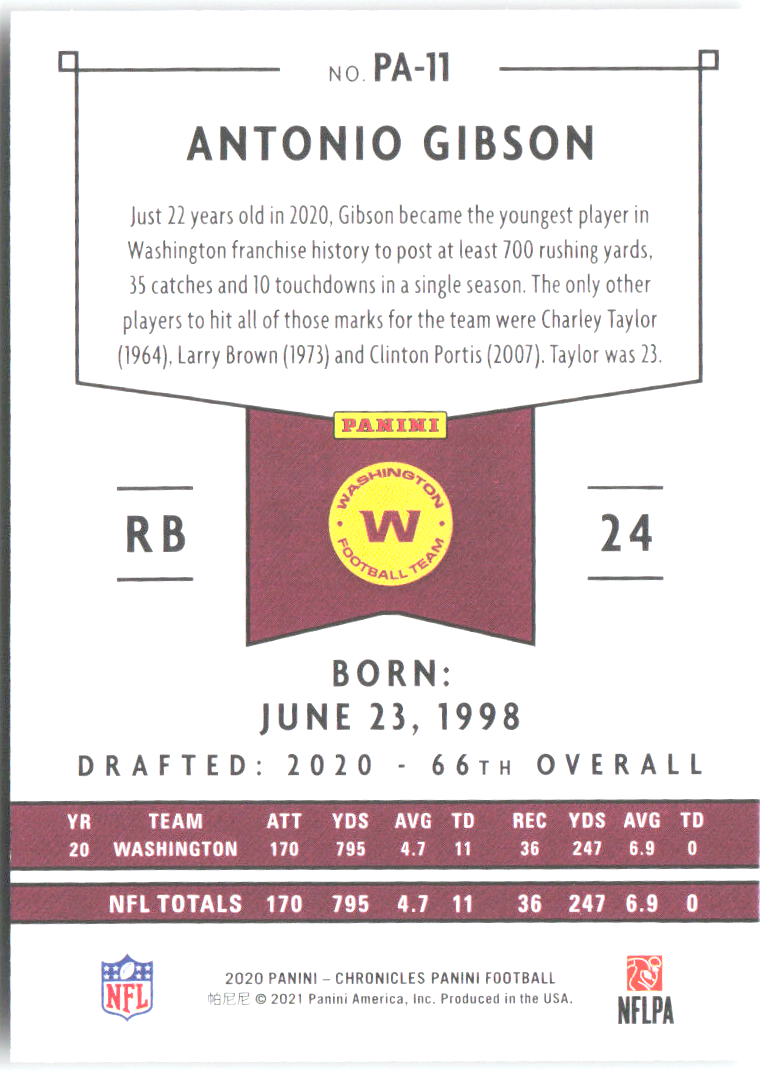 Antonio Gibson Panini Chronicles - Panini PA-11 2020 Washington Football Team