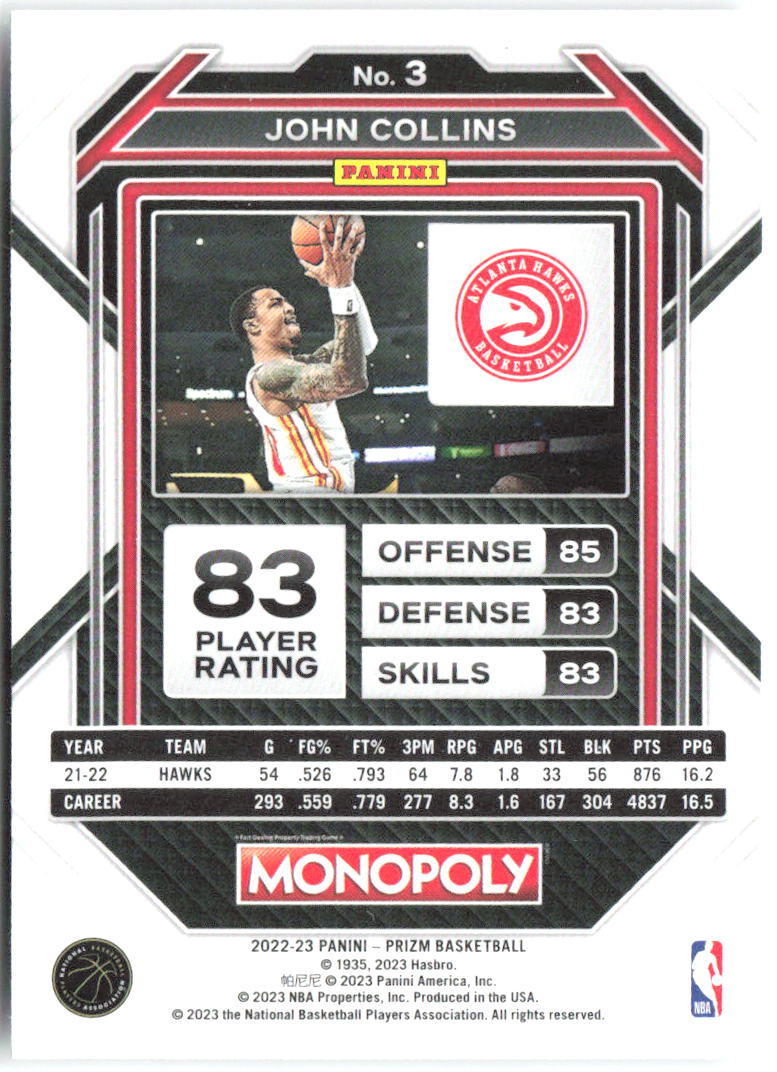 John Collins Panini Prizm Monopoly 3 2022-23 Atlanta Hawks