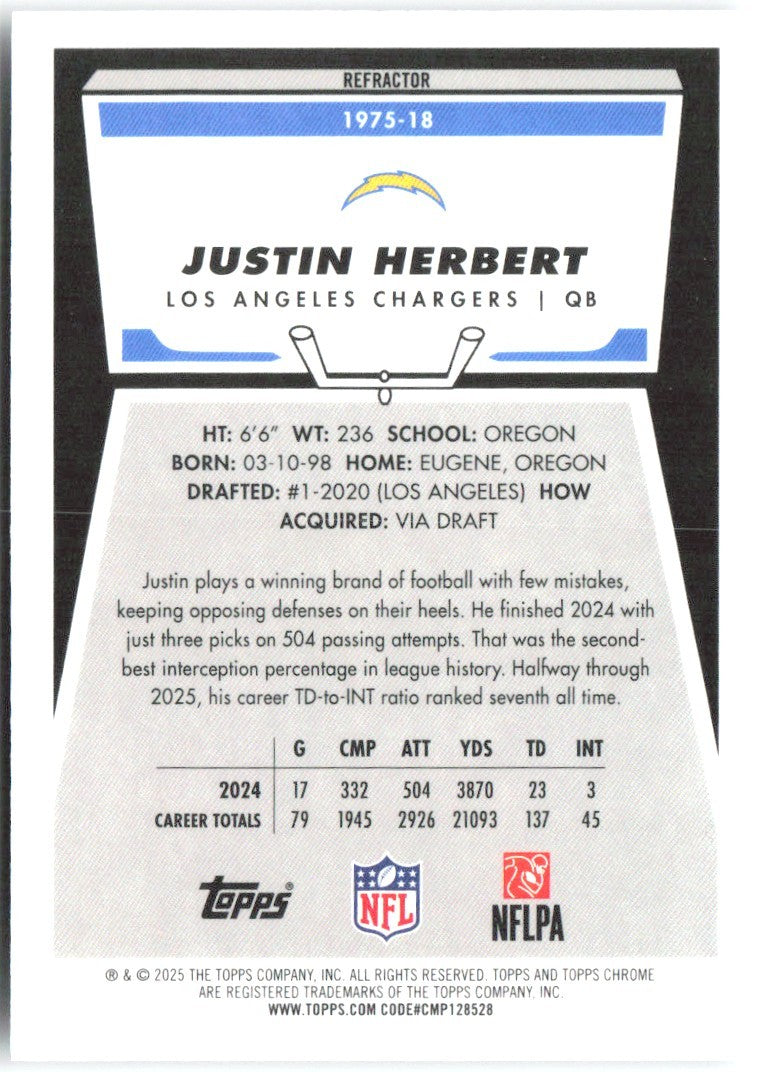 Justin Herbert Topps Chrome - 1975 Topps Refractor 1975-18 2025 Chargers