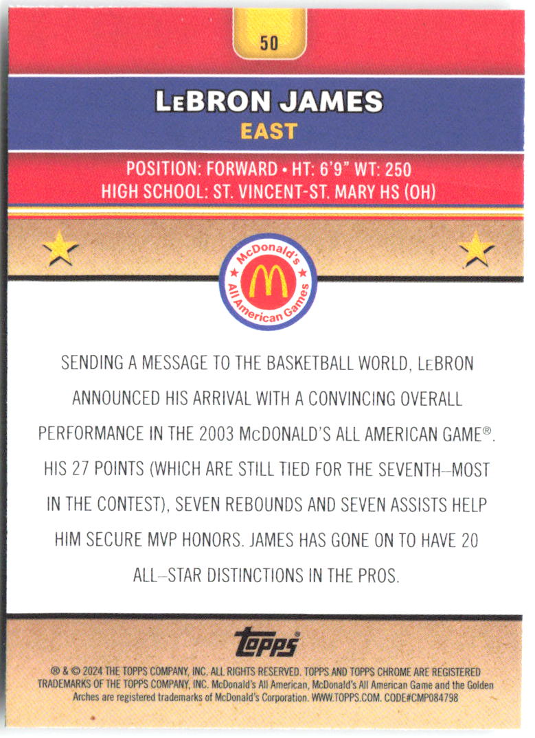 LeBron James Topps Chrome McDonald's All-American 50 2024
