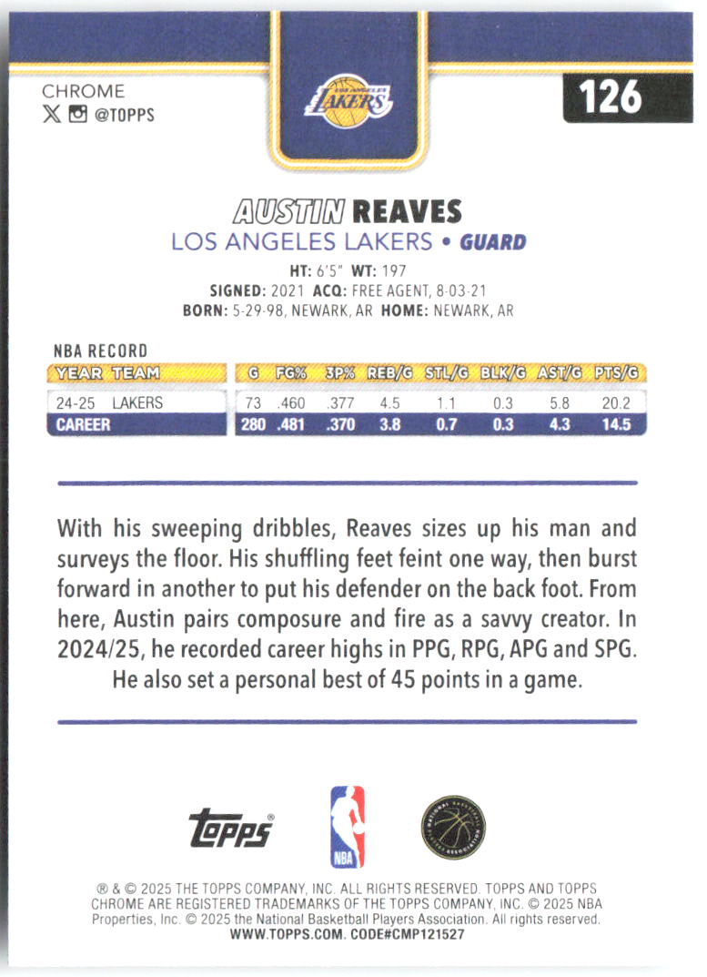 Austin Reaves Topps Chrome 126 2025-26 Los Angeles Lakers