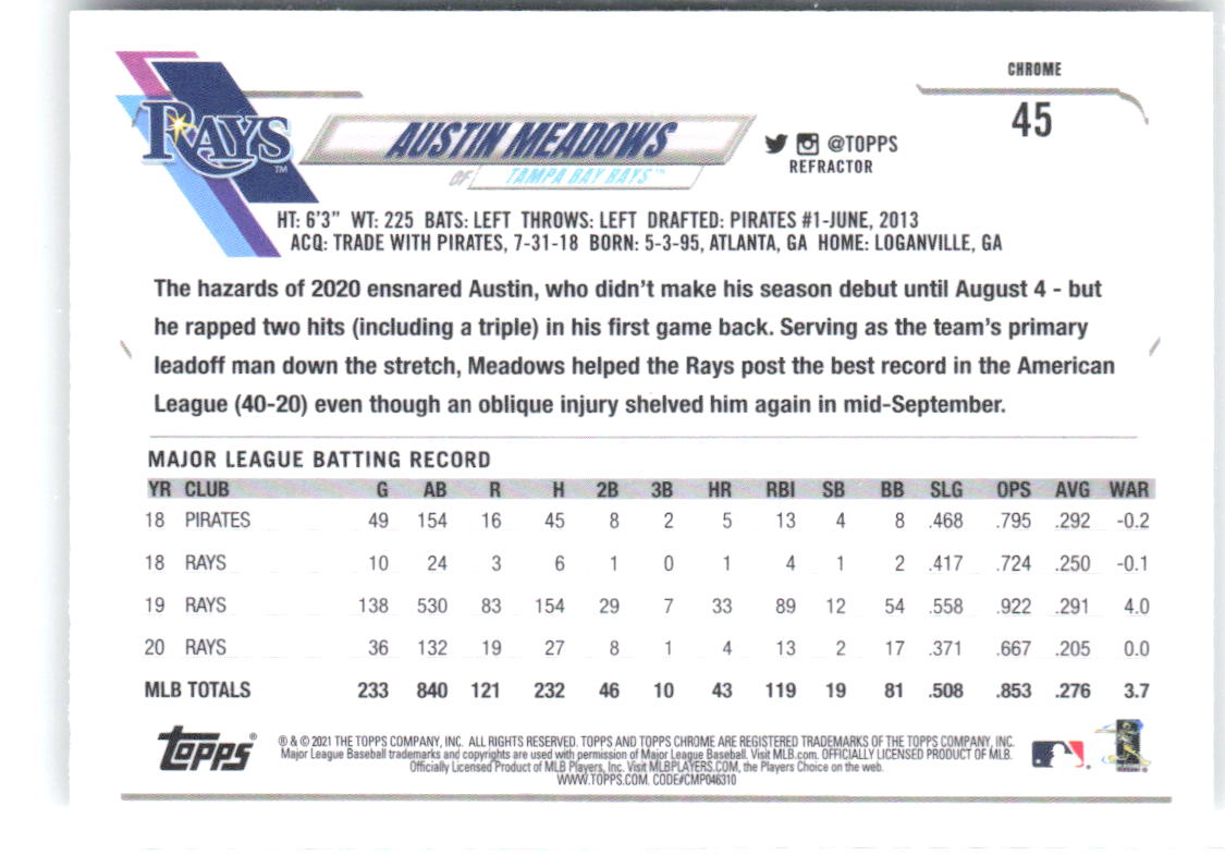 Austin Meadows Topps Chrome - Sepia Refractor 45 2021 Tampa Bay Rays