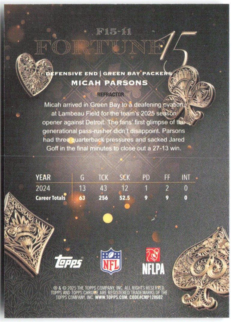 Micah Parsons Topps Chrome - Fortune 15 Refractor F15-11 2025 Green Bay Packers