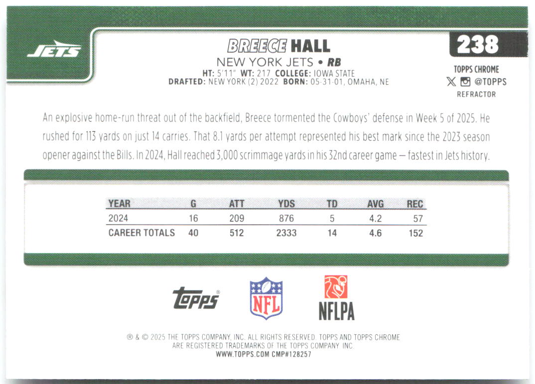 Breece Hall Topps Chrome - Refractor 238 2025 New York Jets
