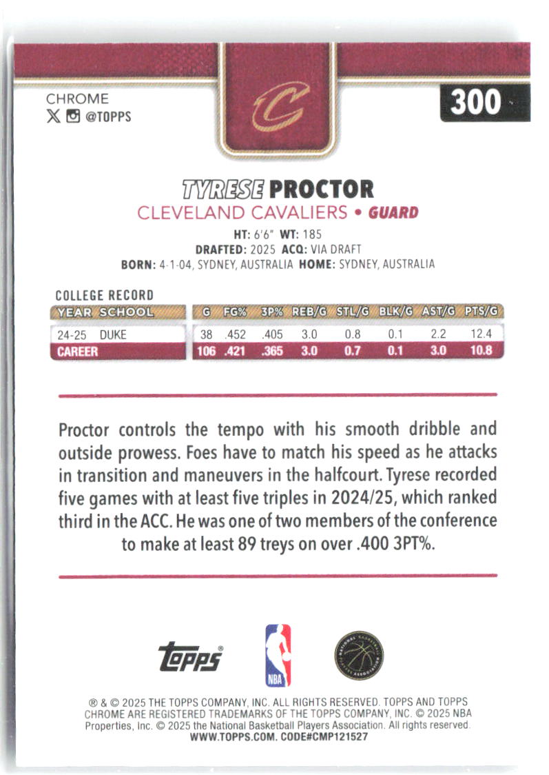 Tyrese Proctor Topps Chrome 300 2025-26 Cleveland Cavaliers RC