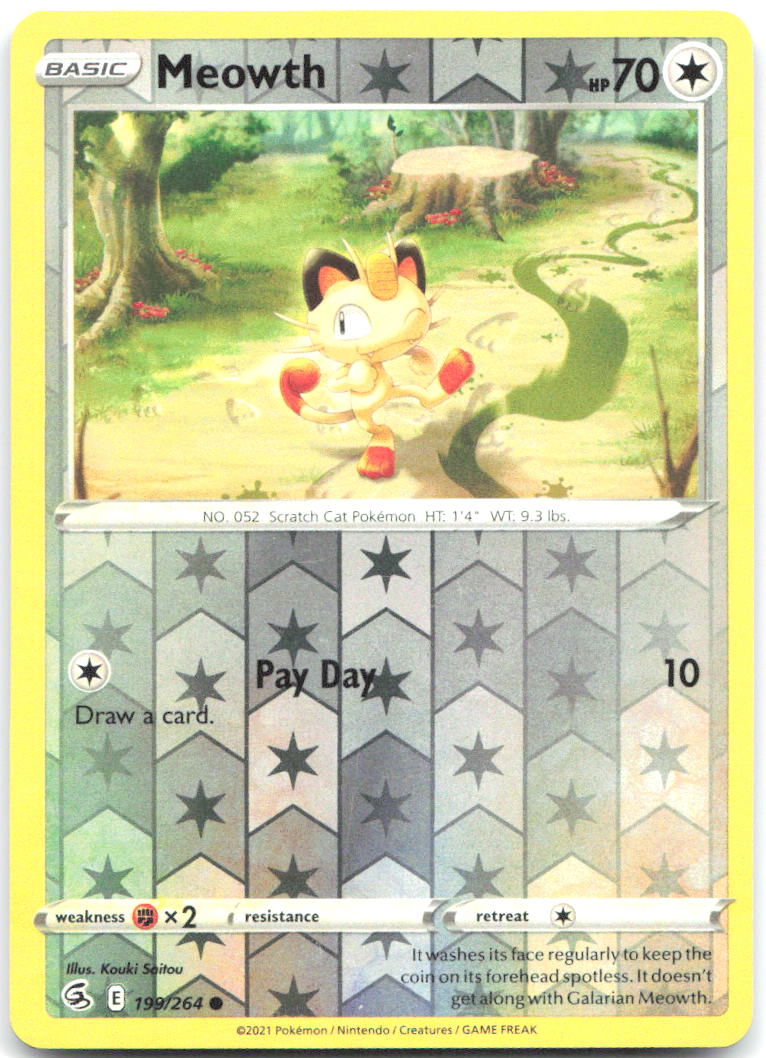 Meowth Reverse Holo Common SWSH08 Fusion Strike 199/264 NM Kouki Saitou