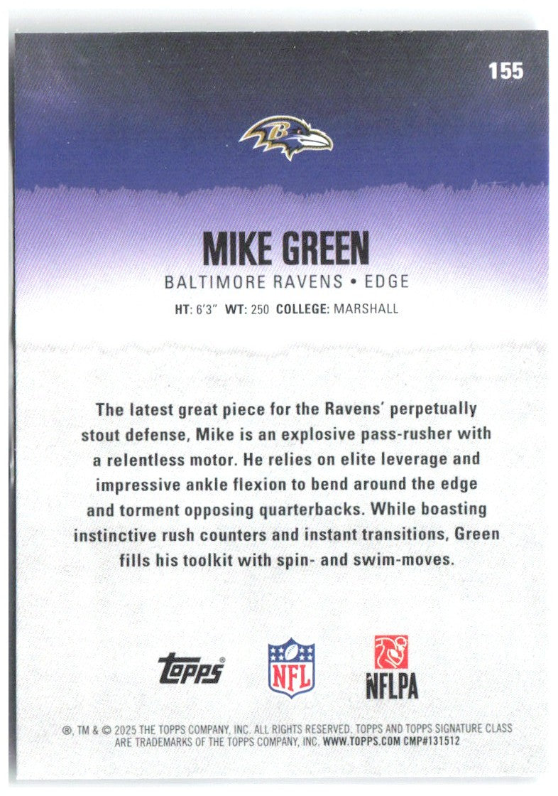 Mike Green Topps Signature Class 155 2025 Baltimore Ravens RC