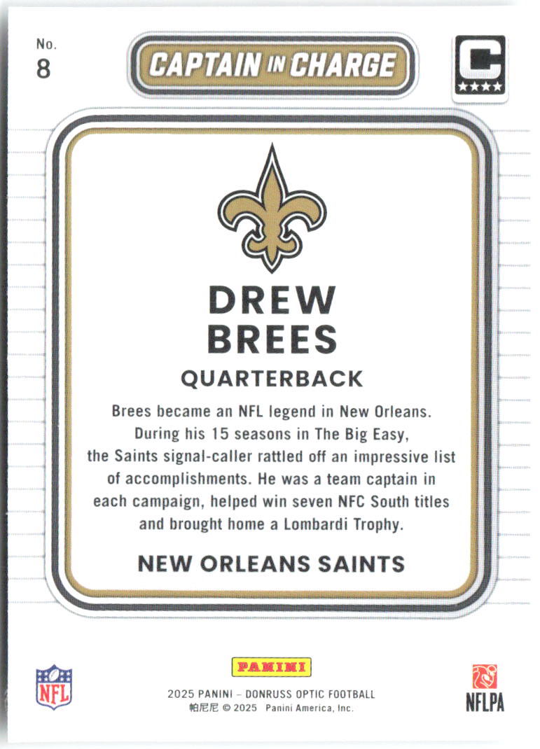 Drew Brees Donruss Optic - Captain in Charge 8 2025 New Orleans Saints