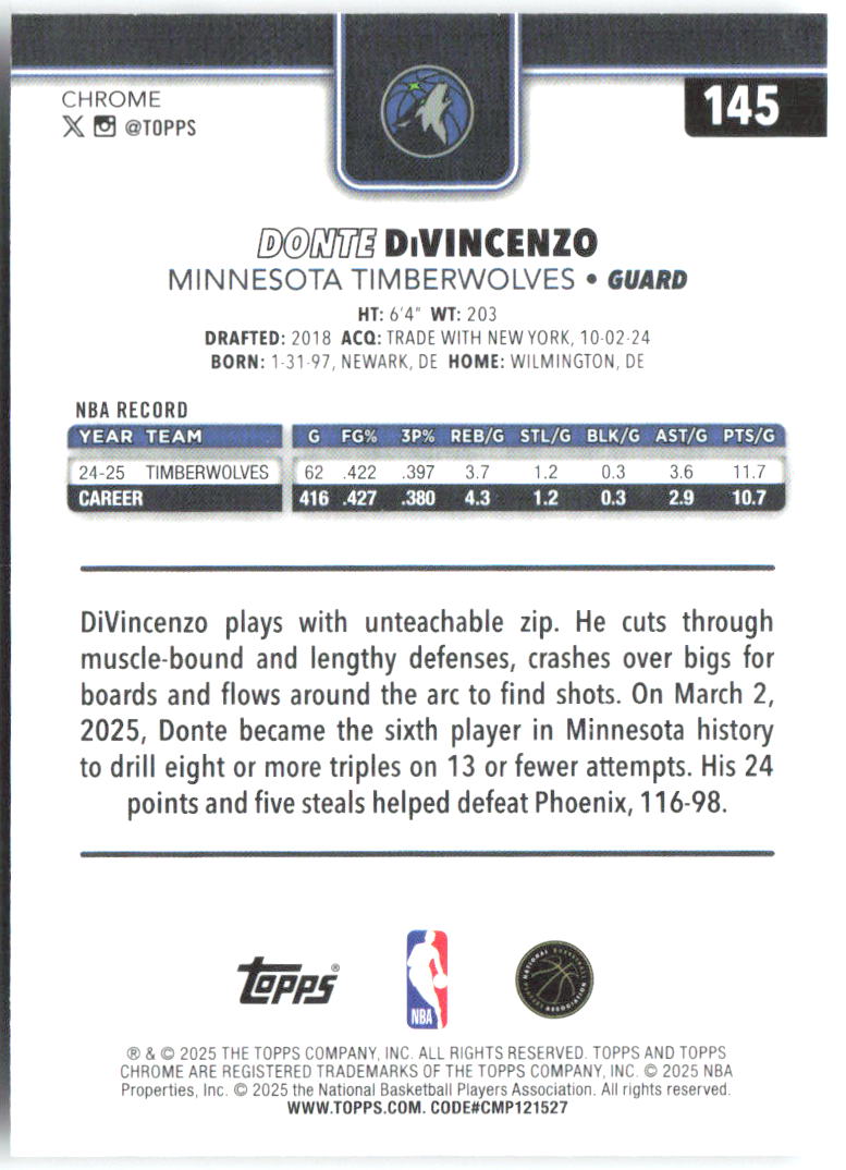 Donte DiVincenzo Topps Chrome 145 2025-26 Minnesota Timberwolves