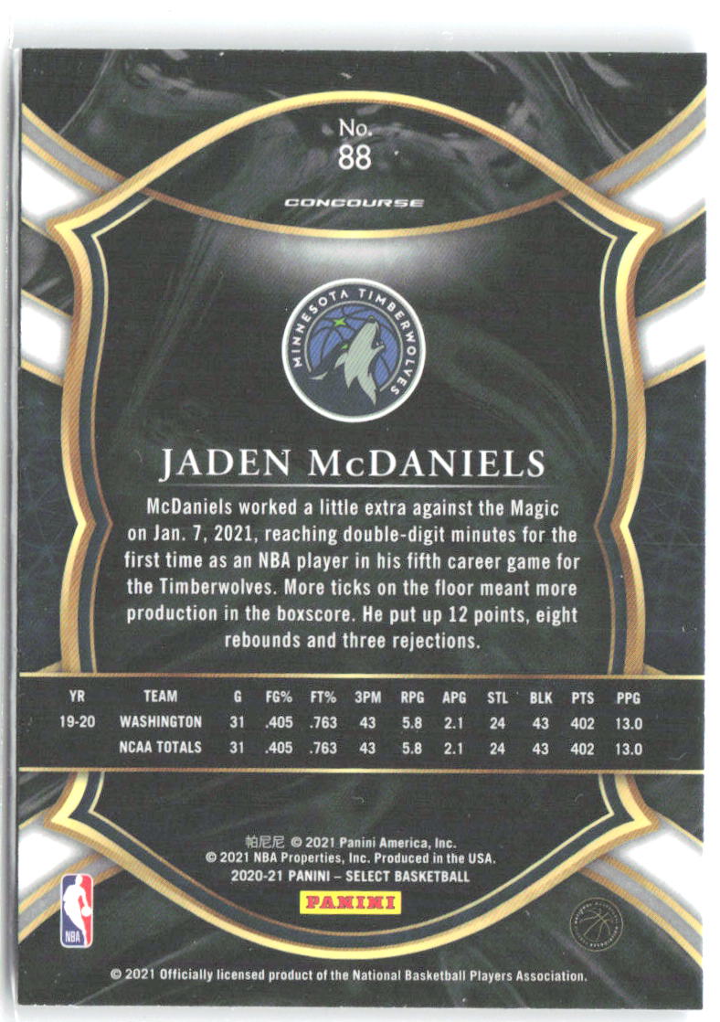 Jaden McDaniels Panini Select - Blue 88 2020-21 Minnesota Timberwolves