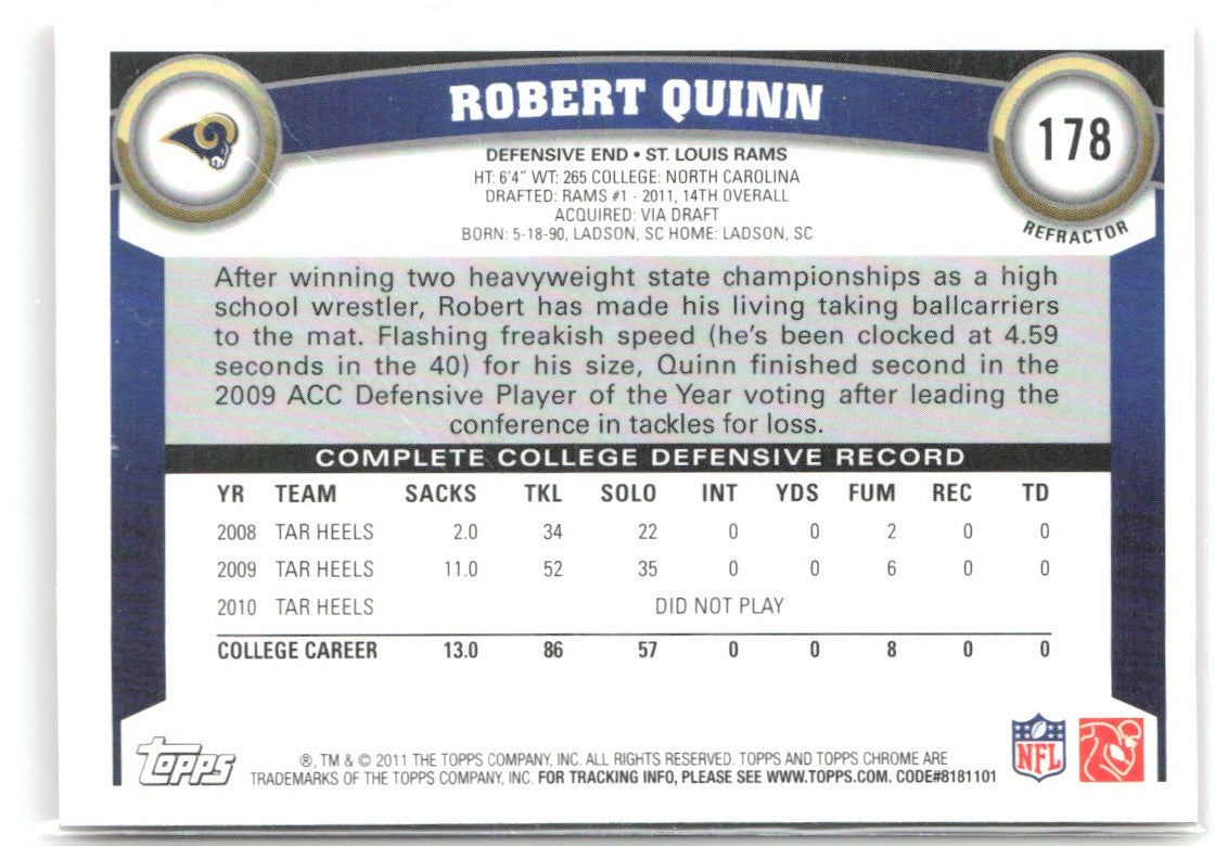 Robert Quinn Topps Chrome - Orange Refractors 178 2011 St. Louis Rams