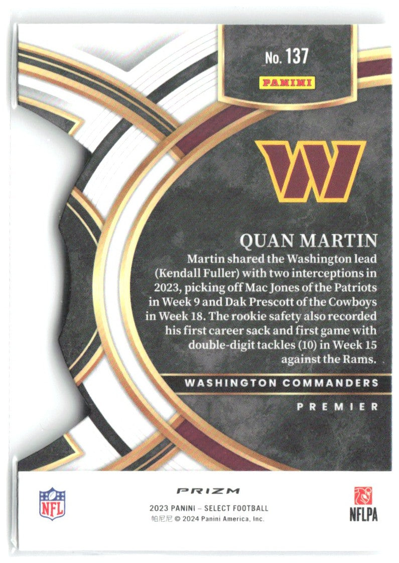 Quan Martin Panini Select Silver Prizms Die Cuts 137 2023 Washington Commanders