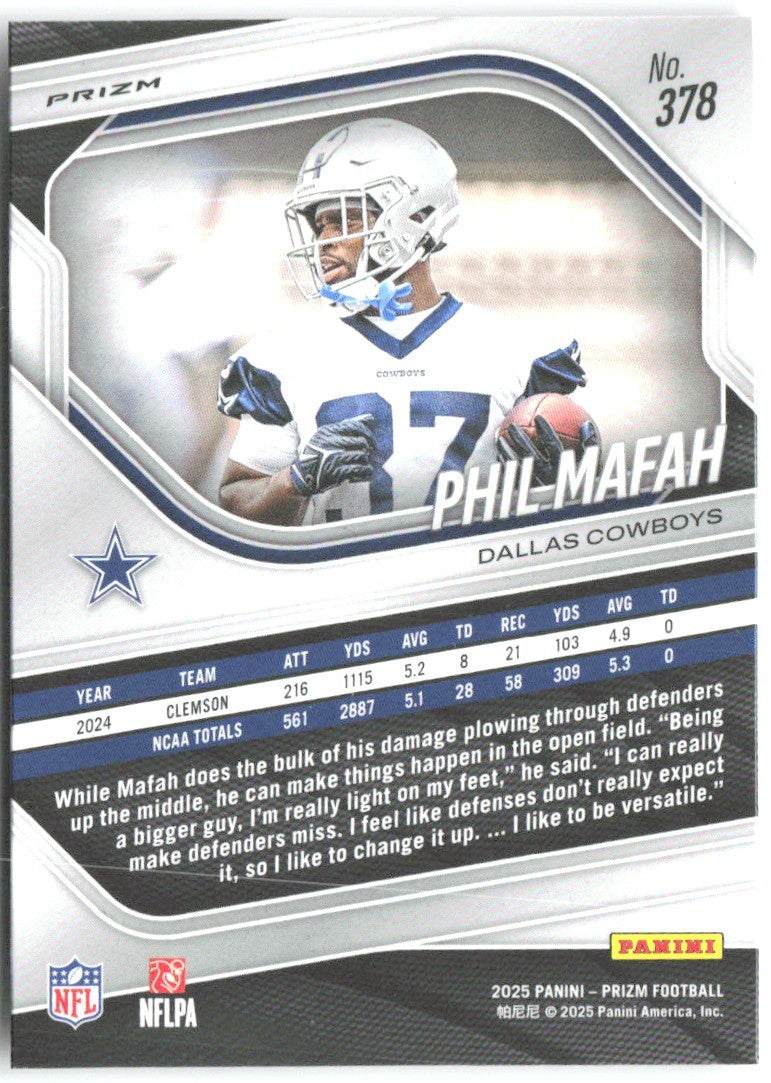 Phil Mafah Panini Prizm - Silver 378 2025 Dallas Cowboys
