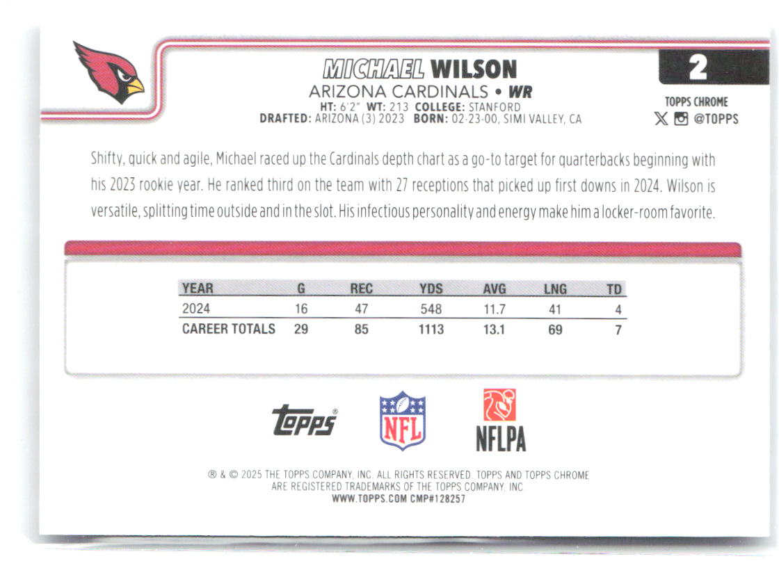 Michael Wilson Topps Chrome - Ray Wave Refractor 2 2025 Arizona Cardinals