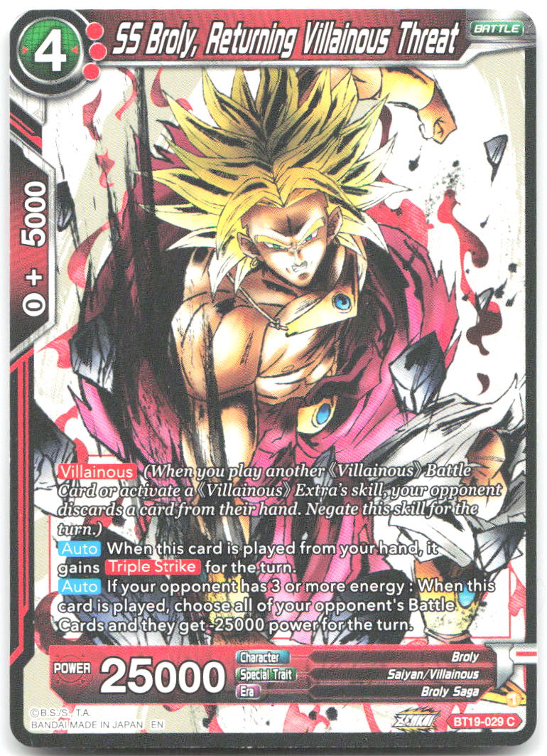 SS Broly Returning Villainous Threat Common Fighter's Ambition BT19 029 NM