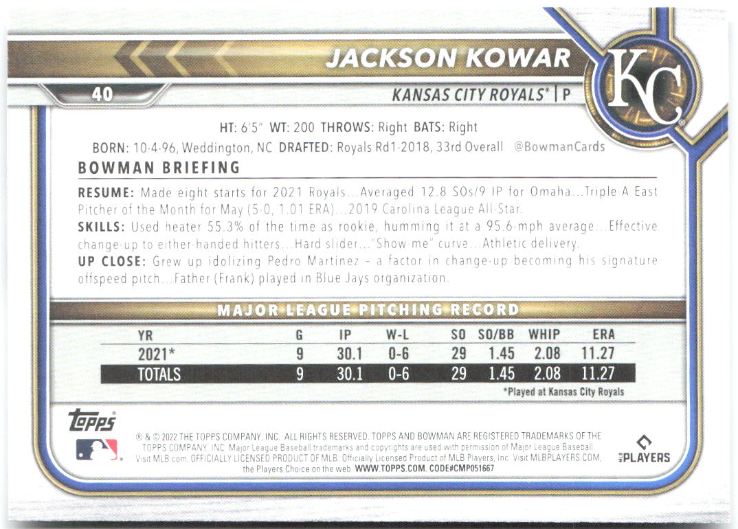 Jackson Kowar Bowman 40 2022 Kansas City Royals RC