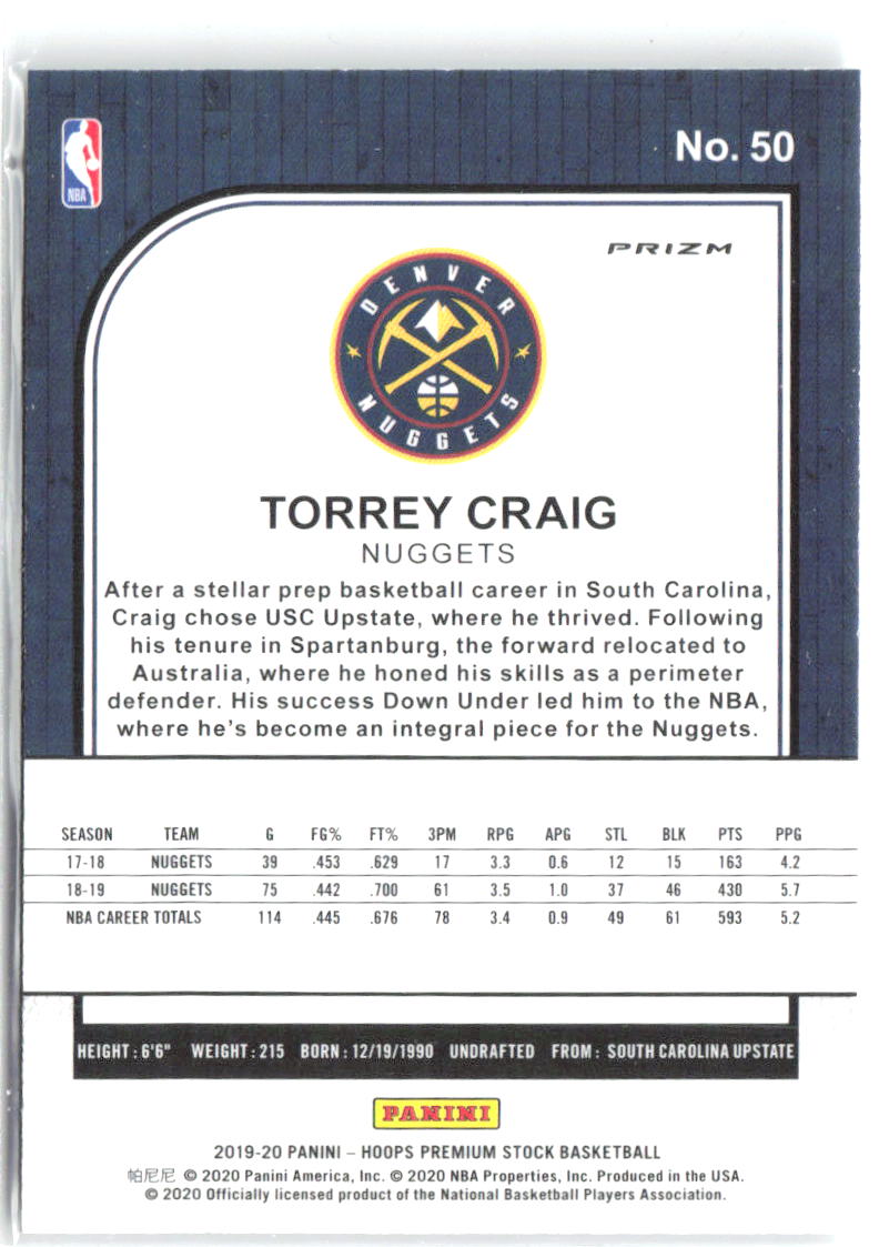 Torrey Craig Hoops Premium Stock - Prizms Silver 50 2019-20 Denver Nuggets