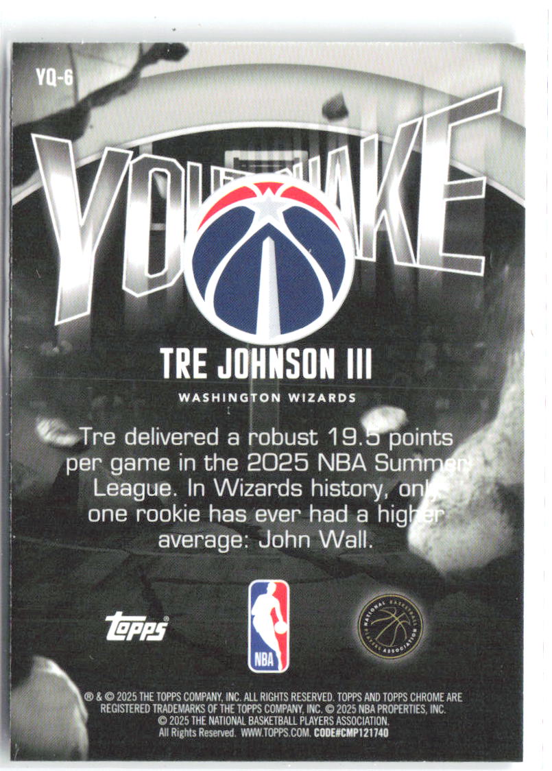 Tre Johnson III Topps Chrome - Youthquake YQ-6 2025-26 Washington Wizards