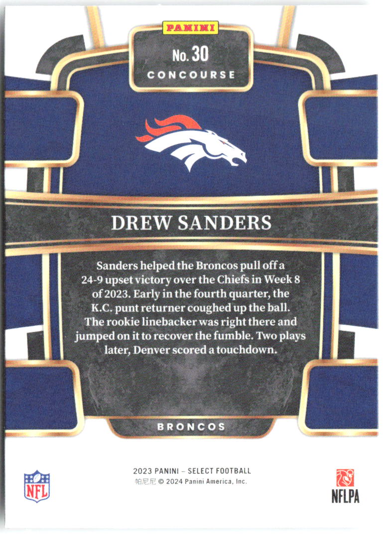 Drew Sanders Panini Select 30 2023 Denver Broncos RC