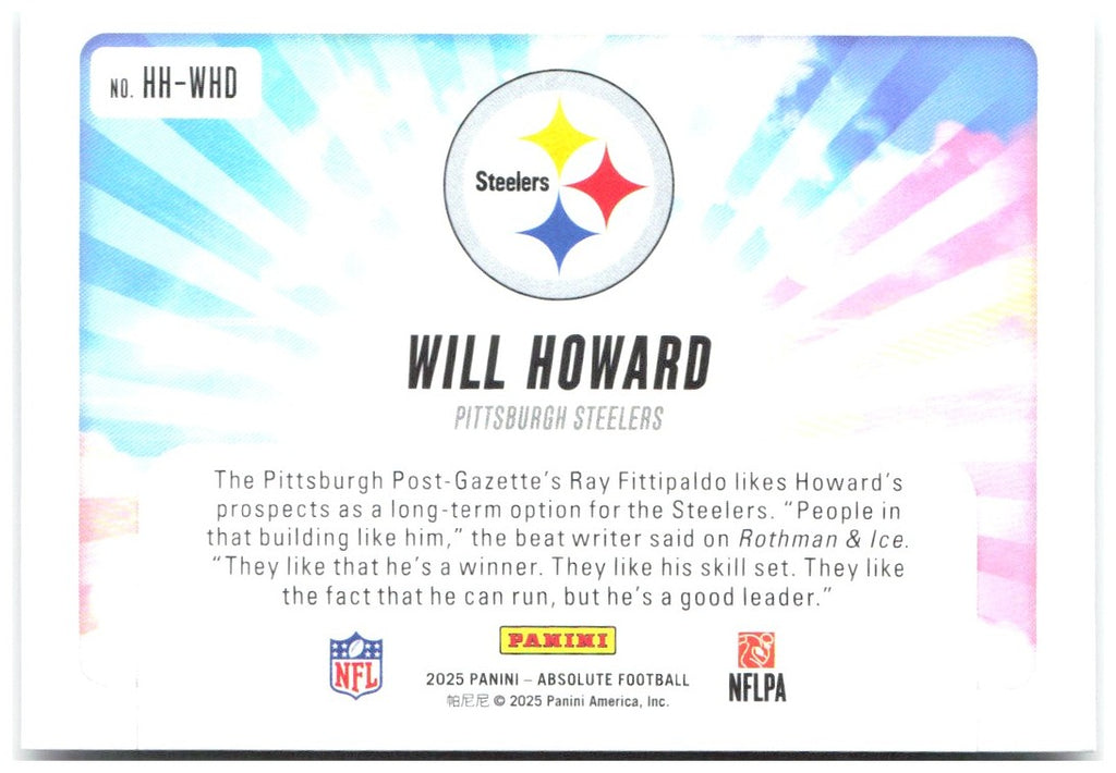 Will Howard Panini Absolute - Hog Heaven HH-WHD 2025 Pittsburgh Steelers