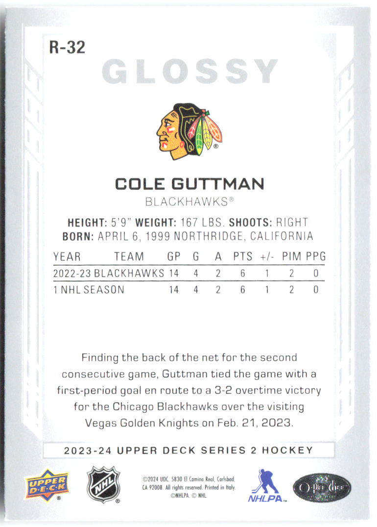 Cole Guttman Upper Deck - O-Pee-Chee Glossy R-32 2023-24 Chicago Blackhawks