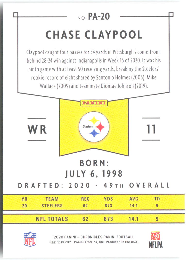 Chase Claypool Panini Chronicles - Panini PA-20 2020 Pittsburgh Steelers