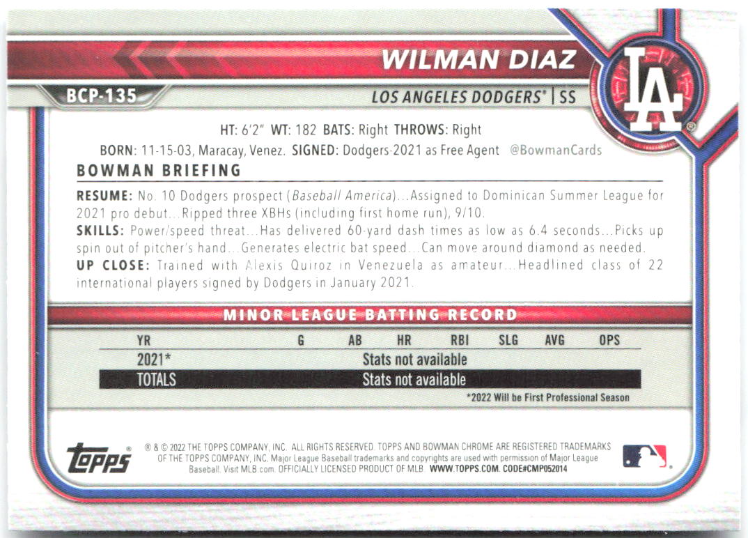 Wilman Diaz Bowman - Chrome Prospects Mojo Refractors BCP-135 2022 Dodgers