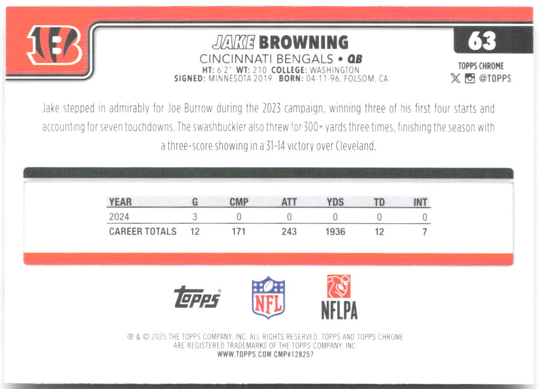 Jake Browning Topps Chrome 63 2025 Cincinnati Bengals