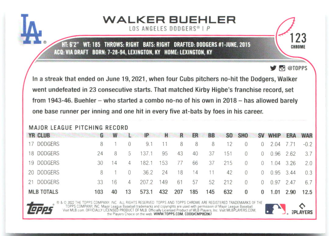 Walker Buehler Topps Chrome 123 2022 Los Angeles Dodgers