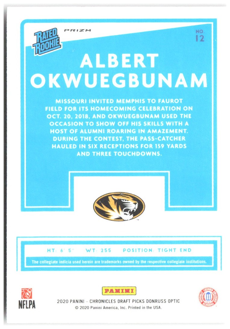 Albert Okwuegbunam Chronicles Draft Picks Optic Rated Rookies Red 12 2020 Tigers