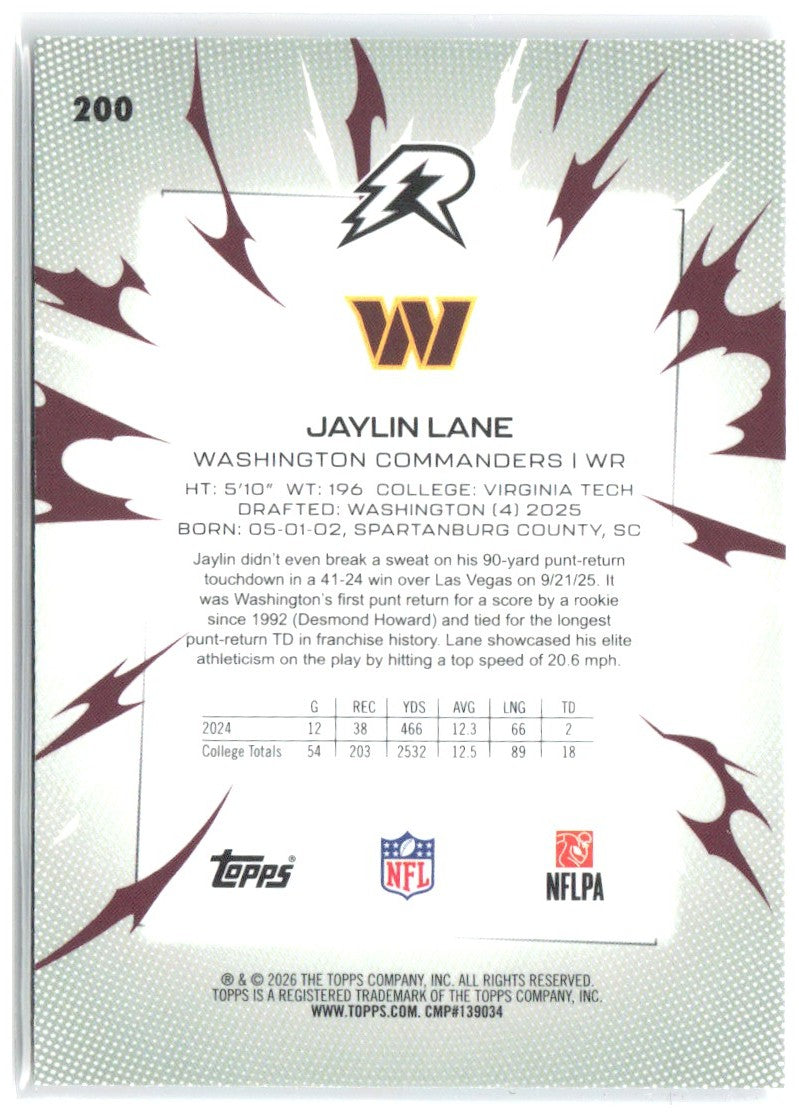 Jaylin Lane Topps Resurgence Sky Blue & Pink Shock Refractor 200 2025 Commanders