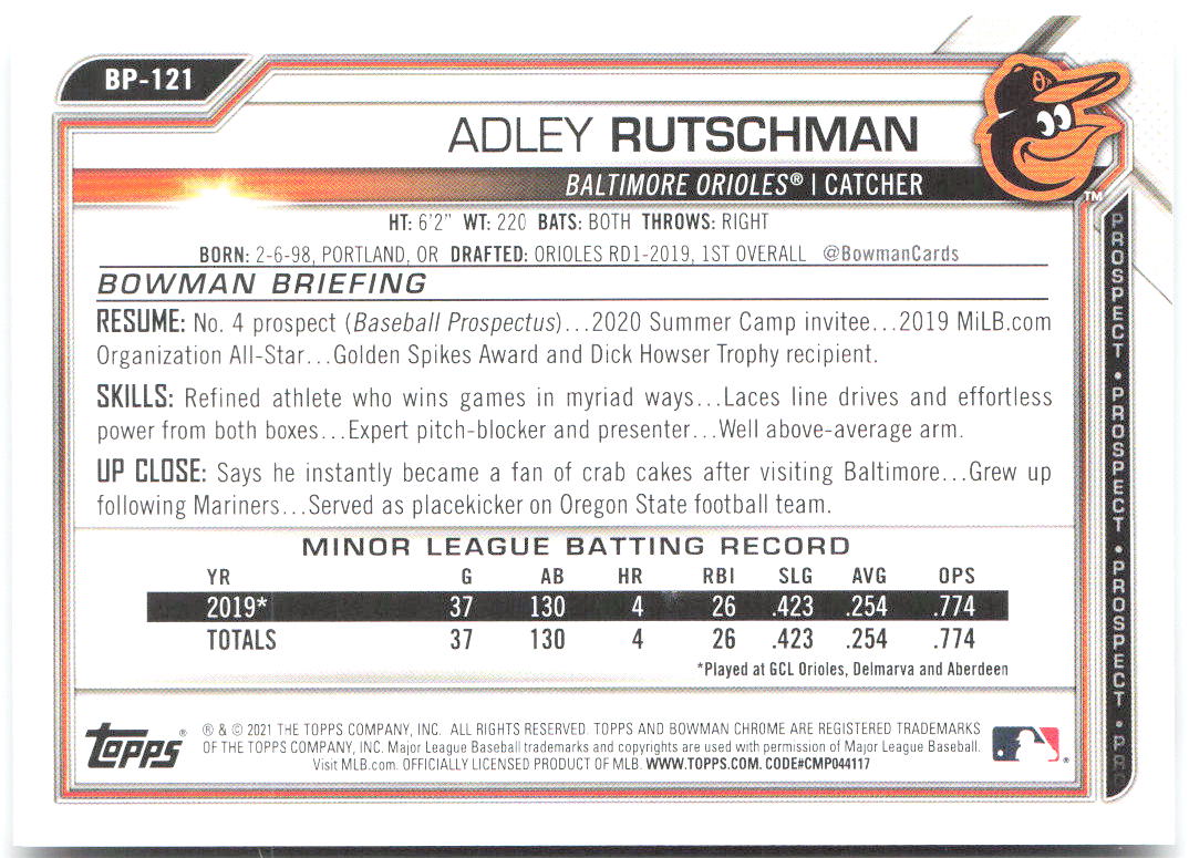 Adley Rutschman Bowman - Prospects BP-121 2021 Baltimore Orioles