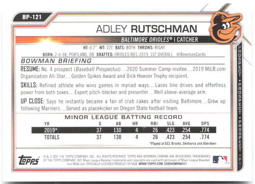 Adley Rutschman Bowman - Prospects BP-121 2021 Baltimore Orioles