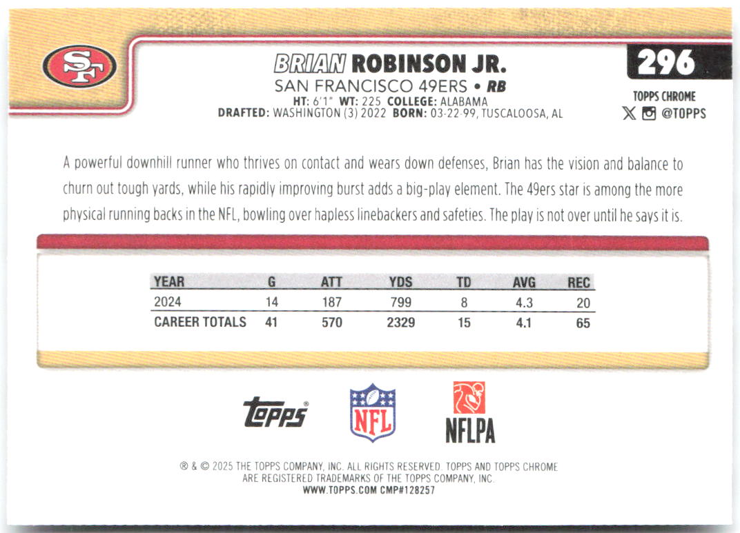 Brian Robinson Jr. Ray Wave Refractor Topps Chrome - Ray Wave Refractor 296 NM