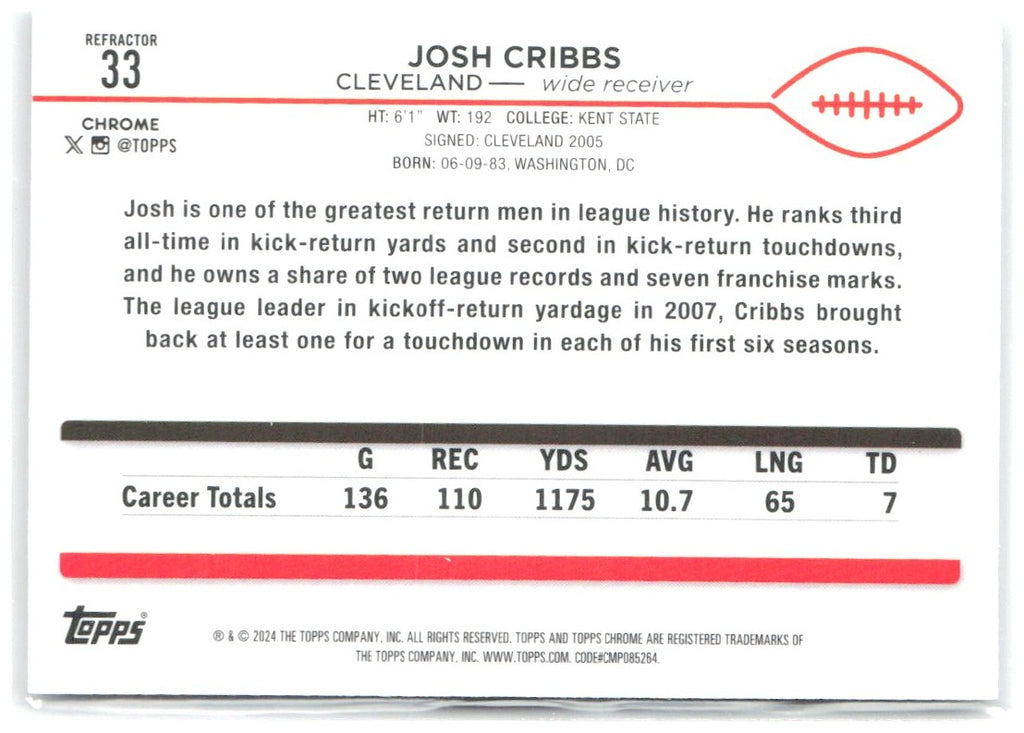 Josh Cribbs Topps Chrome - Refractor 33 2024 Cleveland Browns