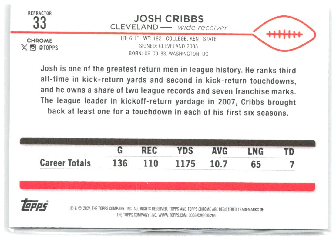 Josh Cribbs Topps Chrome - Refractor 33 2024 Cleveland Browns