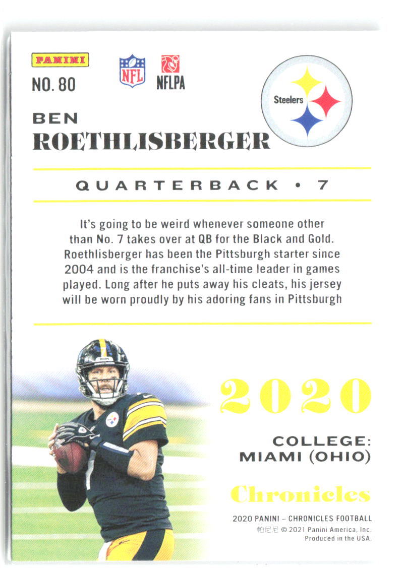 Ben Roethlisberger Panini Chronicles - Pink 80 2020 Pittsburgh Steelers