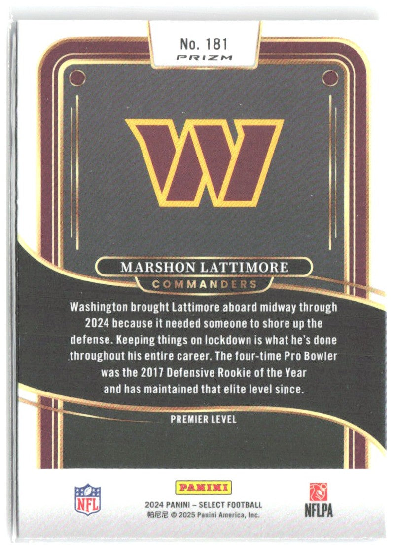 Marshon Lattimore Select Red & Yellow Prizm Shock 181 2024 Washington Commanders