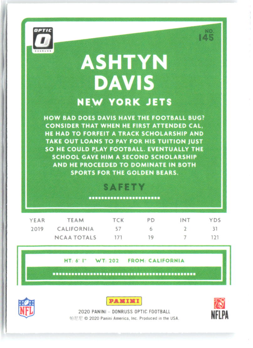 Ashtyn Davis Donruss Optic 145 2020 New York Jets RC