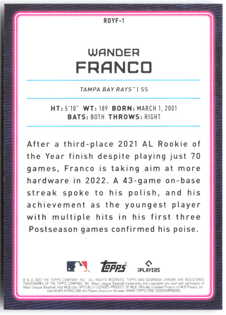 Wander Franco Bowman - Rookie of the Year Favorites Mojo Refractors ROYF-1 2022